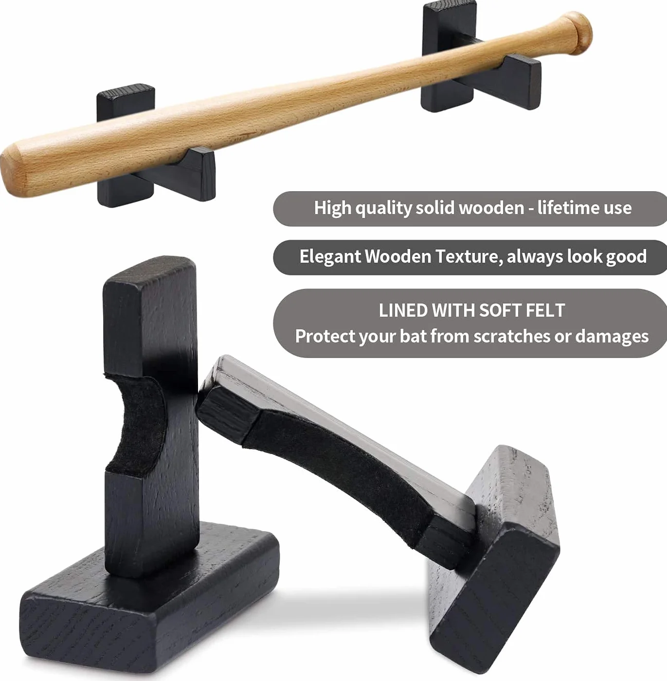 Support d'affichage de batte de baseball, 1 paire de supports de suspension de support mural de batte de baseball en bois d'affichage horizontal de batte de baseball ( Noir)