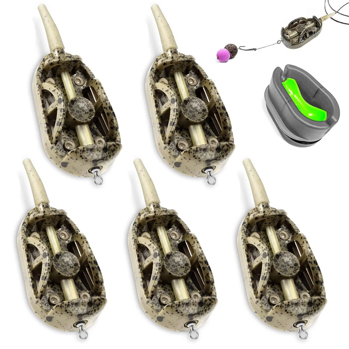 Pêche Méthode Feeder en Ligne 5pcs Cage Feeder Peche Carpe Method Feeder Ensemble Mangeoire de Pêche en Ligne avec Moule à Libération Rapide pour Pêche à la Carpe 20g 30g 40g 50g 60g