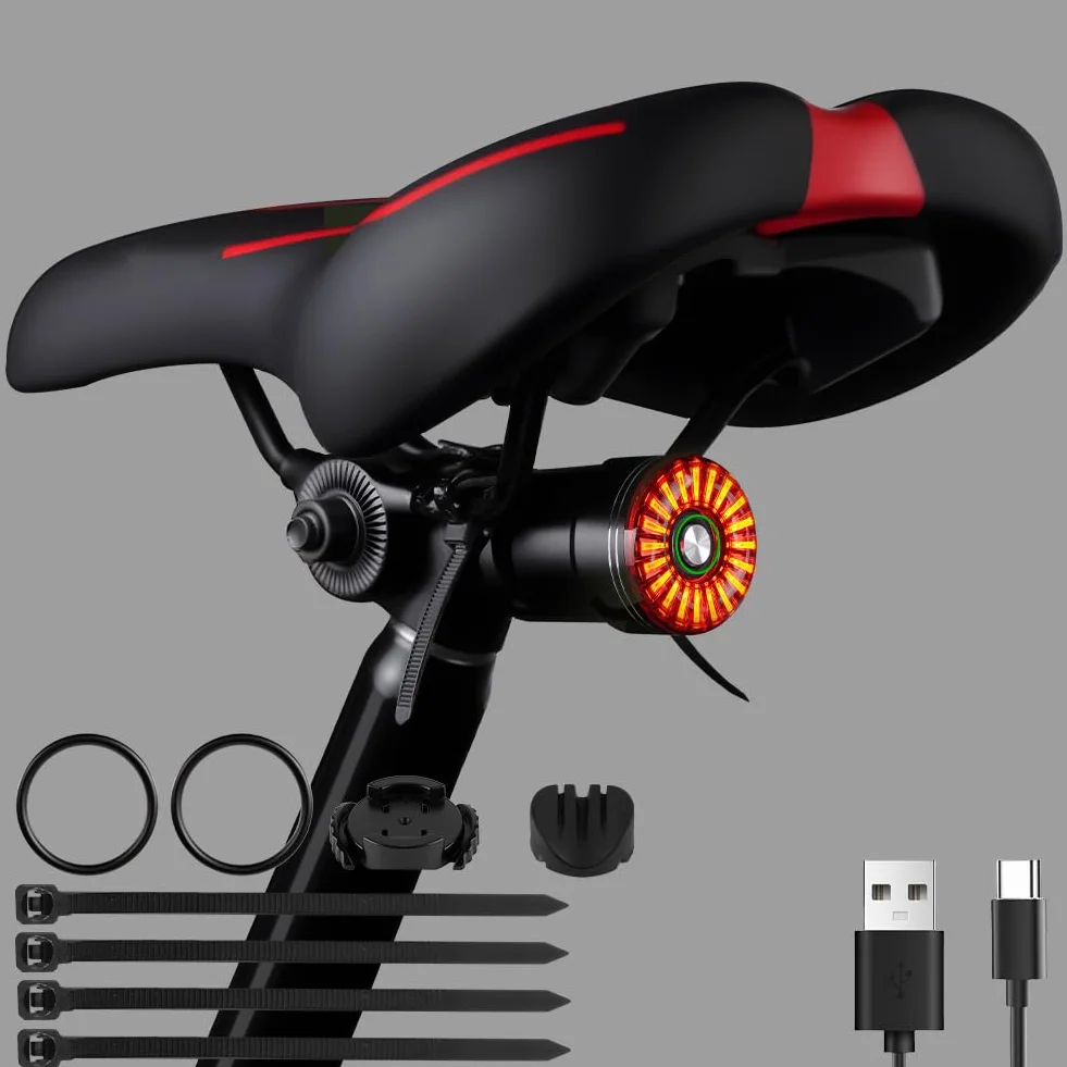 Feu Arrière Vélo Intelligent, Interrupteur Automatique, Détection de Freinage, USB Rechargeable Lampe Arriere Velo, Etanche IP65, 5 Modes pour Vélos, VTT, Trottinettes, Vélos pour Enfants