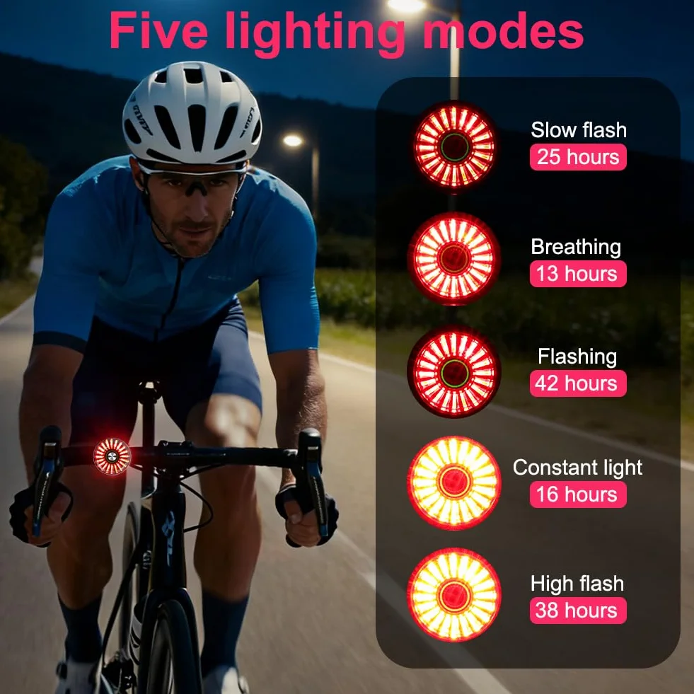 Feu Arrière Vélo Intelligent, Interrupteur Automatique, Détection de Freinage, USB Rechargeable Lampe Arriere Velo, Etanche IP65, 5 Modes pour Vélos, VTT, Trottinettes, Vélos pour Enfants
