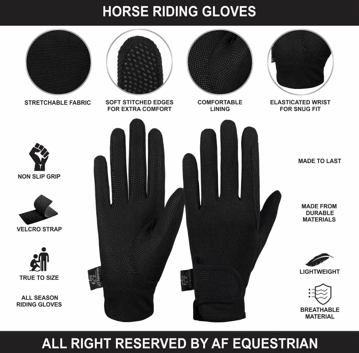 AFE Gants d'équitation pour femme en cuir synthétique stretch noir